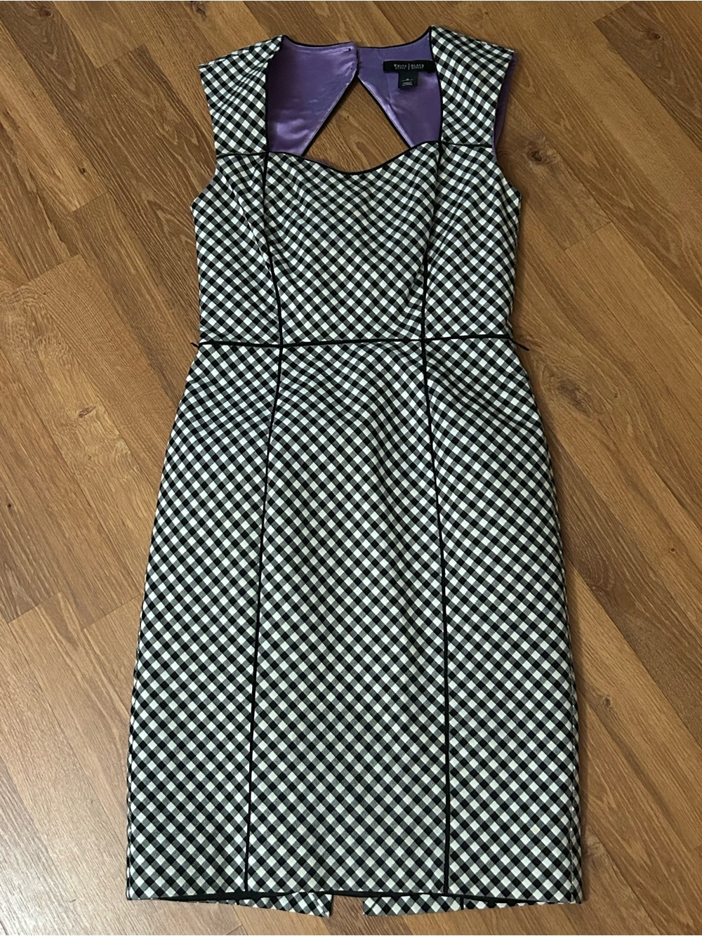 White House Black Market Black & White Gingham Sheath Dress with Purple Lining